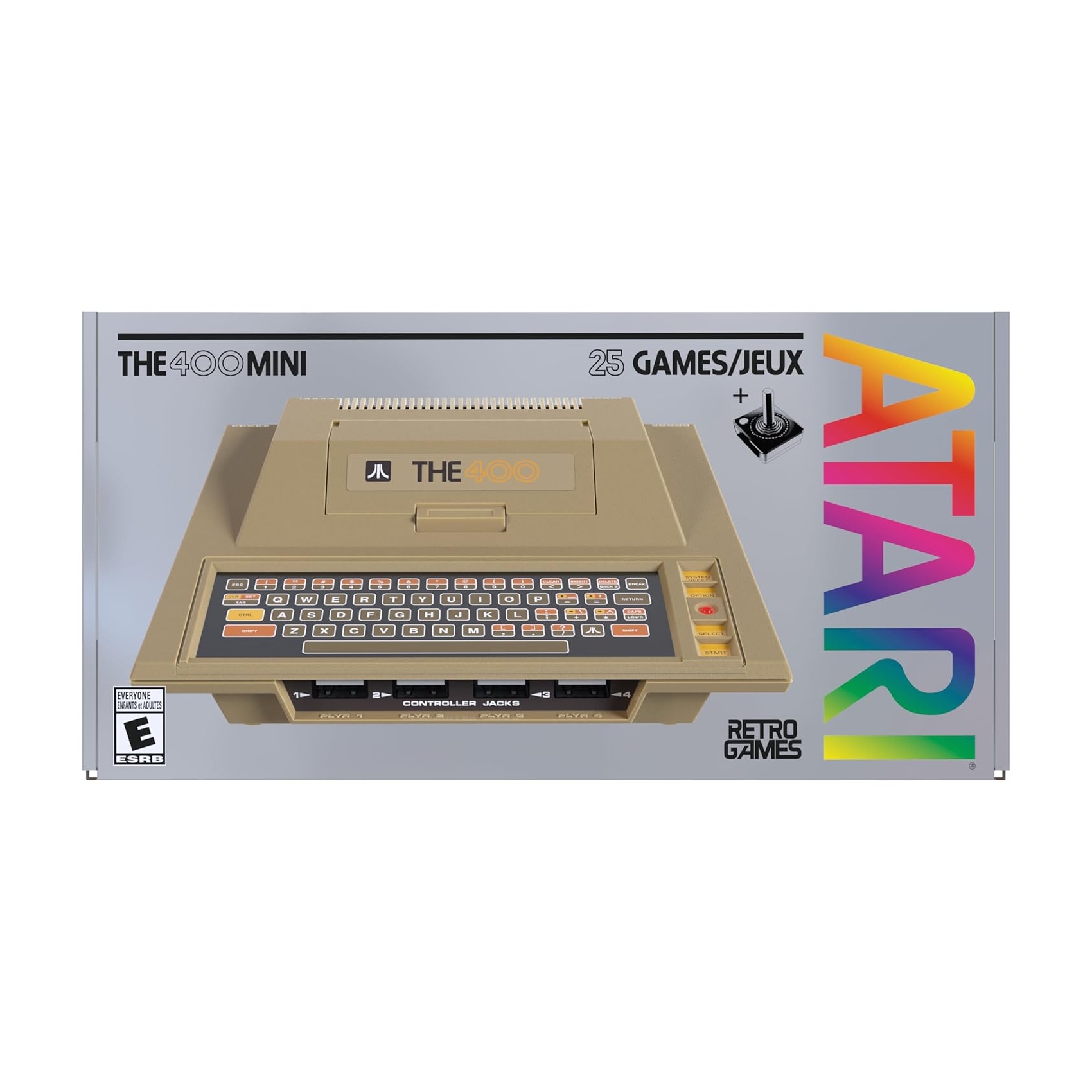 The Atari 400 Mini is a retro gaming console featuring a classic design, including 25 built-in games. It showcases a nostalgic Atari logo and retro styling reminiscent of the original model.