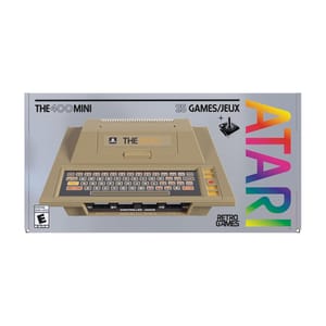 The Atari 400 Mini is a retro gaming console featuring a classic design, including 25 built-in games. It showcases a nostalgic Atari logo and retro styling reminiscent of the original model.
