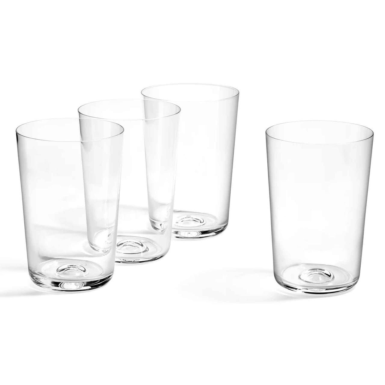 Four clear highball glasses from the Royal Doulton 1815 collection, featuring a minimalist design with smooth, tall, and slightly tapered bodies.