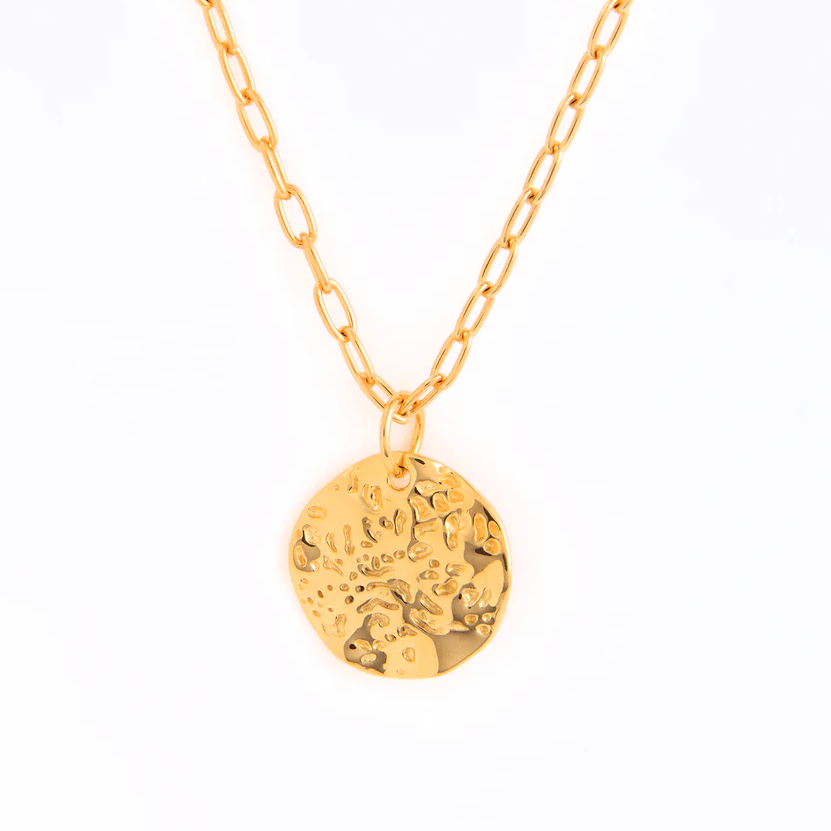 Gold-toned necklace with a textured, round pendant and a chain featuring oval links.
