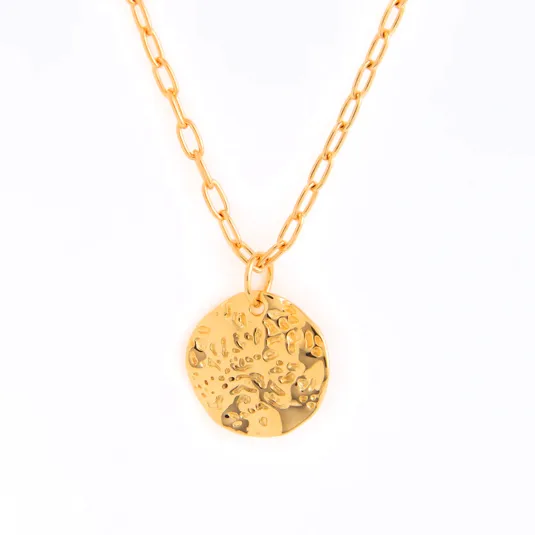 Gold-toned necklace with a textured, round pendant and a chain featuring oval links.