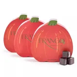 Three packages shaped like pumpkins labeled \“Frango Dark Mint Chocolates,\“ with three chocolate squares in front.