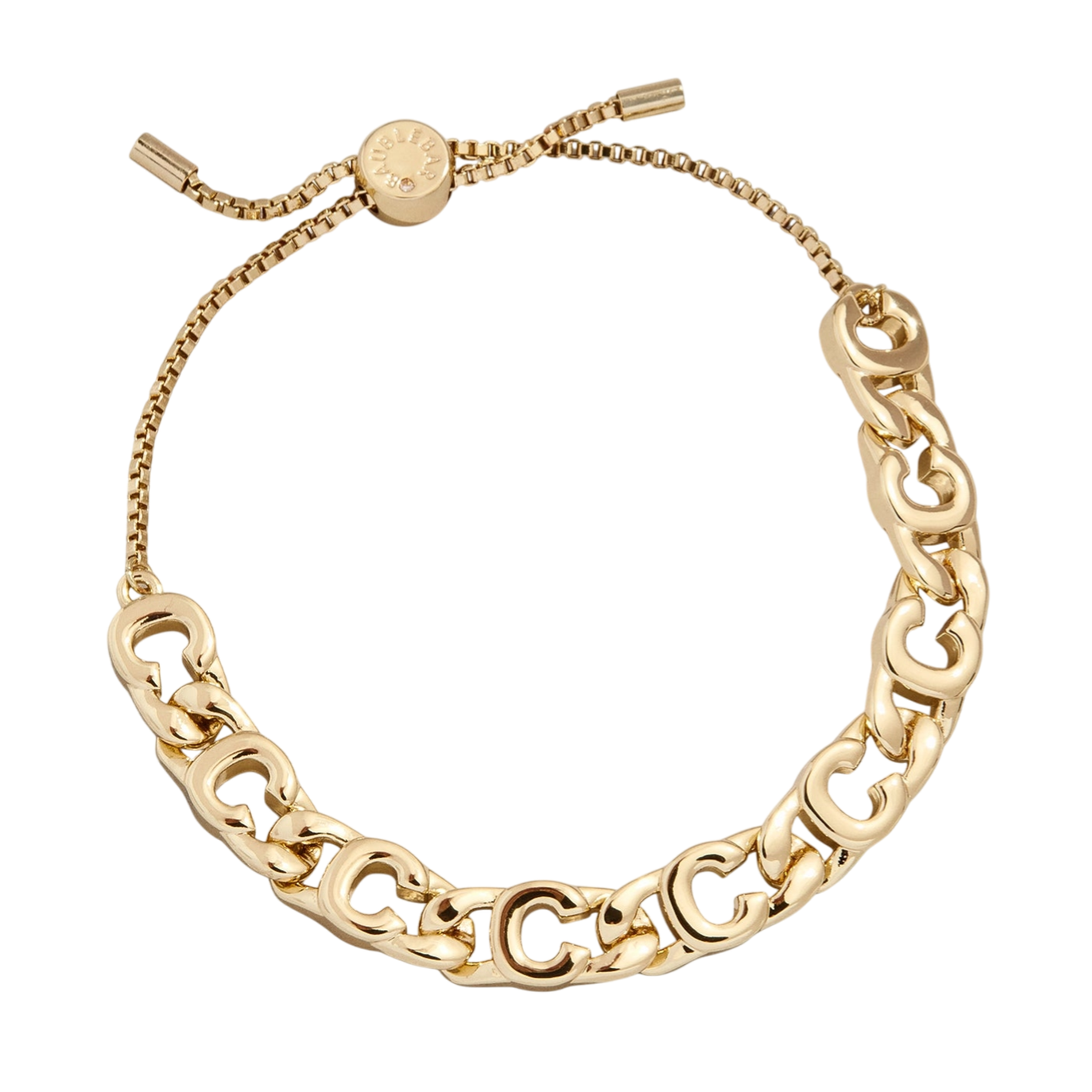 Gold-tone chain link bracelet with a sliding toggle closure featuring a circle charm.