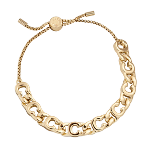 Gold-tone chain link bracelet with a sliding toggle closure featuring a circle charm.