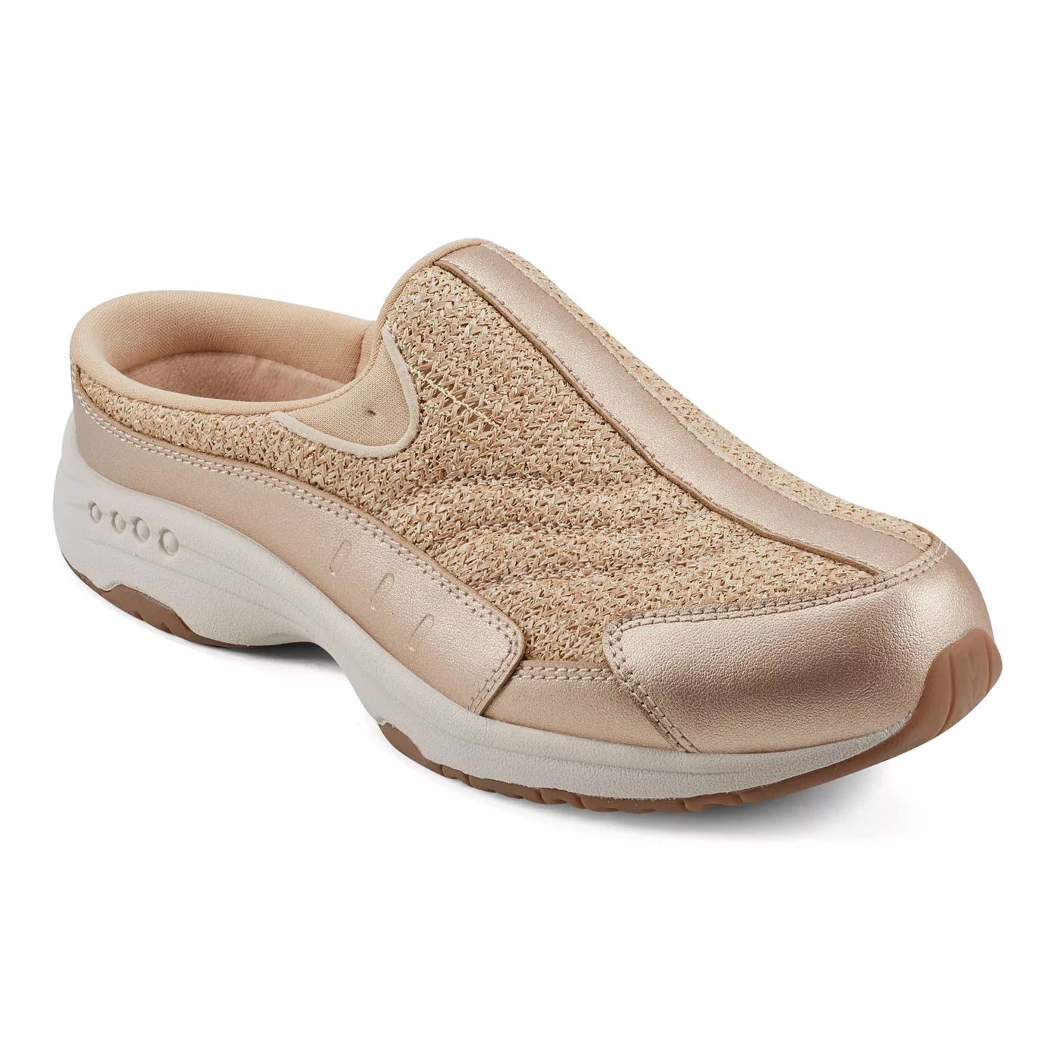 Tan slip-on clog with a textured upper and cushioned sole, suitable for casual wear.