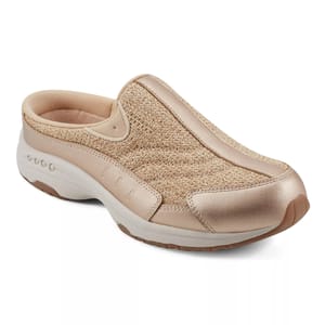 Tan slip-on clog with a textured upper and cushioned sole, suitable for casual wear.