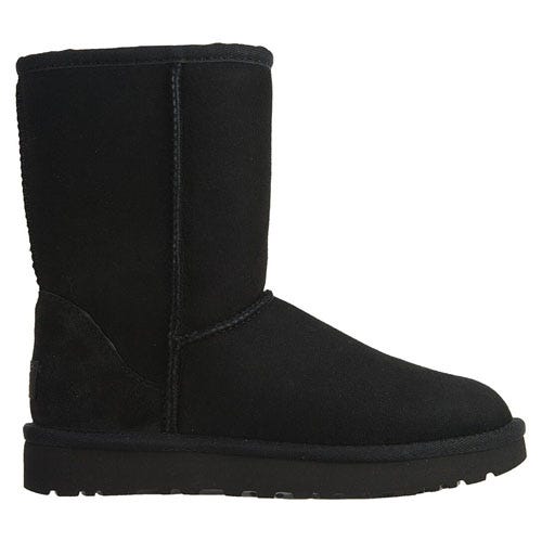 A black mid-calf boot with a flat sole, made from a soft textile material, featuring visible stitching.