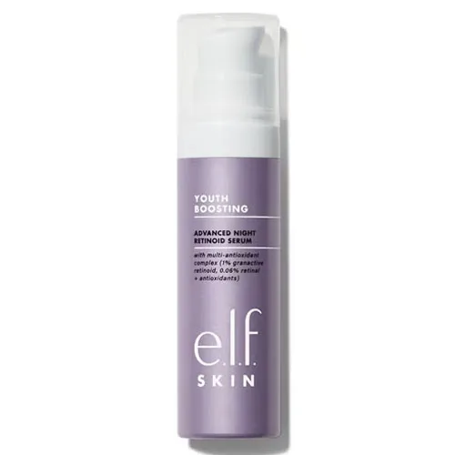 e.l.f. Skin Youth Boosting Advanced Night Retinoid Serum with a multi-antioxidant complex, including 1% encapsulated retinoid and 0.09% retinal plus antioxidants, designed for nighttime use.