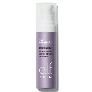 e.l.f. Skin Youth Boosting Advanced Night Retinoid Serum with a multi-antioxidant complex, including 1% encapsulated retinoid and 0.09% retinal plus antioxidants, designed for nighttime use.