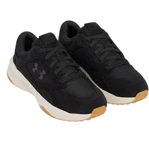 A pair of black athletic shoes with a mesh upper, featuring the Under Armour logo on the side. The shoes have a cushioned brown sole with a white midsole.