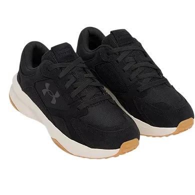 A pair of black athletic shoes with a mesh upper, featuring the Under Armour logo on the side. The shoes have a cushioned brown sole with a white midsole.