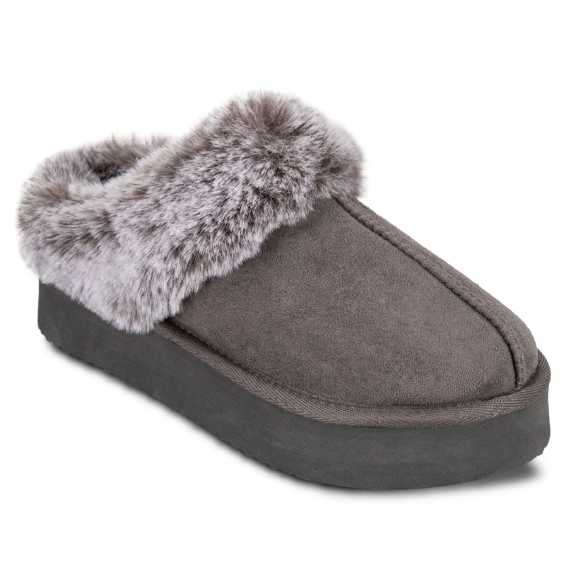A gray slipper with a plush faux fur lining and a thick, durable sole.
