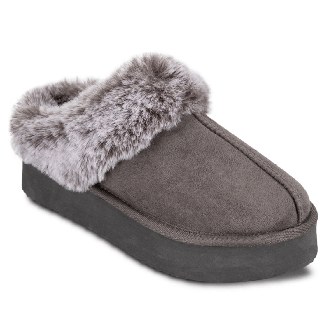 A gray slipper with a plush faux fur lining and a thick, durable sole.