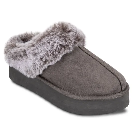 A gray slipper with a plush faux fur lining and a thick, durable sole.