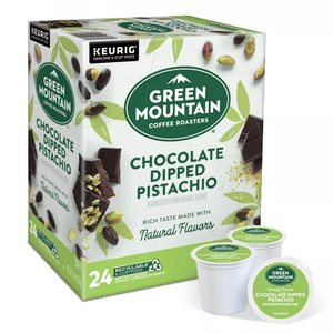 Green Mountain Coffee Roasters Chocolate-Dipped Pistachio K-Cups, 24-count, offer a rich taste with natural flavors. Compatible with Keurig machines and come in recyclable pods.