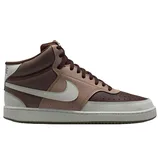 A mid-cut sneaker with a brown and pink color scheme, featuring a prominent white Nike swoosh and white sole.