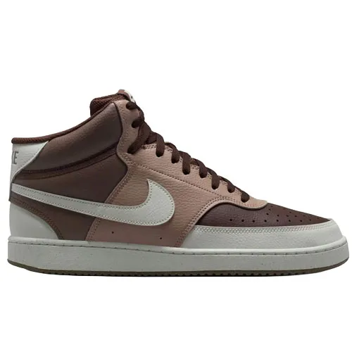 A mid-cut sneaker with a brown and pink color scheme, featuring a prominent white Nike swoosh and white sole.
