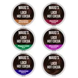 Maud's Loco Hot Cocoa pods in six flavors: Chocolate Peanut Butter, Hazelnut Cream, Peppermint Bark, Chocolate Coconut, Cinnamon Churro, and a plain variety, all labeled as dairy-free.