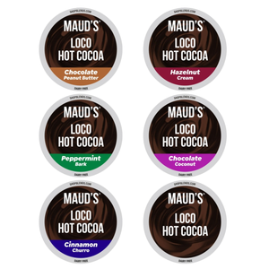 Maud's Loco Hot Cocoa pods in six flavors: Chocolate Peanut Butter, Hazelnut Cream, Peppermint Bark, Chocolate Coconut, Cinnamon Churro, and a plain variety, all labeled as dairy-free.