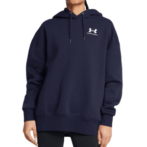 A navy blue Under Armour hoodie with a front logo, featuring a drawstring hood and ribbed cuffs and hem for a casual, comfortable fit.