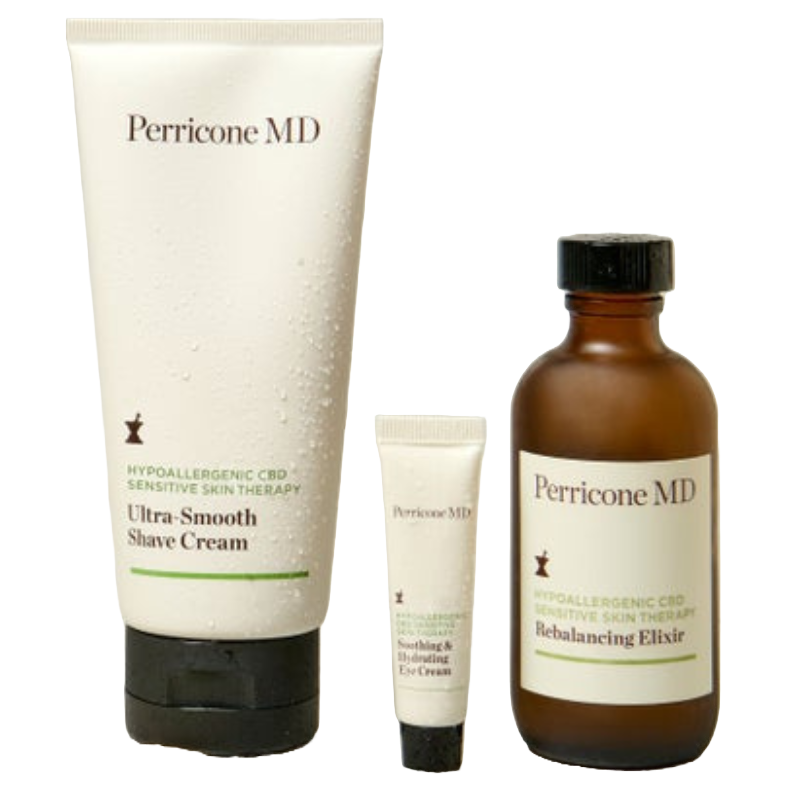 Perricone MD Hypoallergenic CBD Sensitive Skin Therapy line includes Ultra-Smooth Shave Cream, Soothing & Hydrating Eye Cream, and Rebalancing Elixir.
