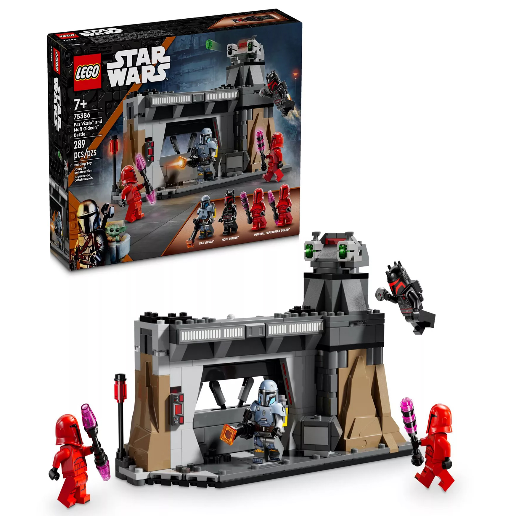 LEGO Star Wars set 75356, featuring Paz Vizsla and three minifigures: Axe Woves, Pilot, and Praetorian Guards. The set includes 289 pieces and is designed for ages 7 and up.