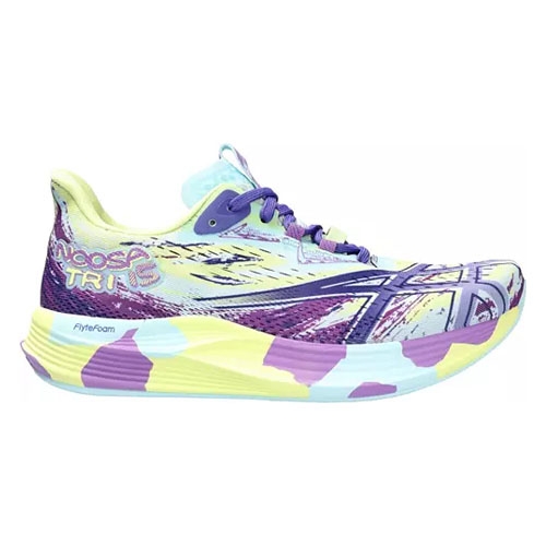 A colorful running shoe with a patterned design featuring shades of purple, yellow, and white.