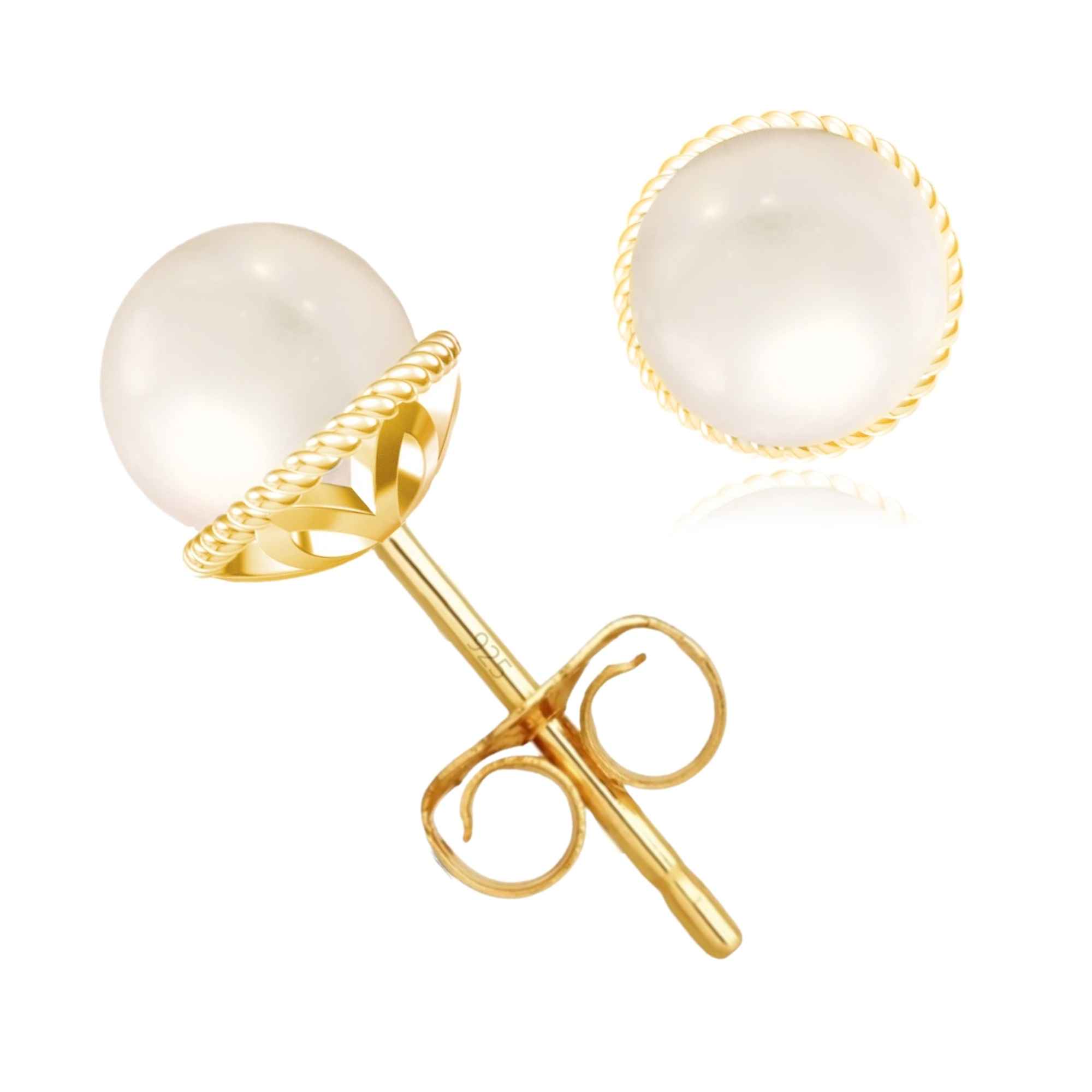 Gold-plated sterling silver stud earrings feature round shell pearls encircled with a twisted rope design, providing an elegant and timeless look.