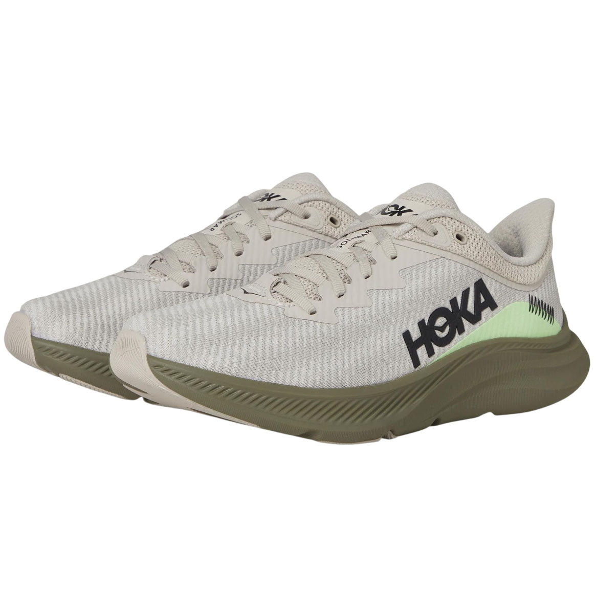 A pair of Hoka running shoes in a beige and green color scheme with a streamlined design featuring the brand logo on the side.