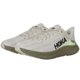 A pair of Hoka running shoes in a beige and green color scheme with a streamlined design featuring the brand logo on the side.