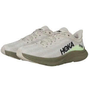 A pair of Hoka running shoes in a beige and green color scheme with a streamlined design featuring the brand logo on the side.