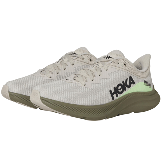 A pair of Hoka running shoes in a beige and green color scheme with a streamlined design featuring the brand logo on the side.