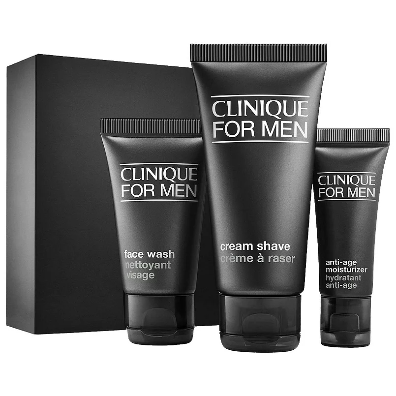 Clinique For Men set includes a face wash, cream shave, and anti-age moisturizer, all in black packaging.