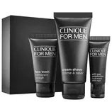 Clinique For Men set includes a face wash, cream shave, and anti-age moisturizer, all in black packaging.