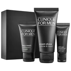Clinique For Men set includes a face wash, cream shave, and anti-age moisturizer, all in black packaging.