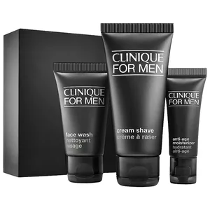 Clinique For Men set includes a face wash, cream shave, and anti-age moisturizer, all in black packaging.