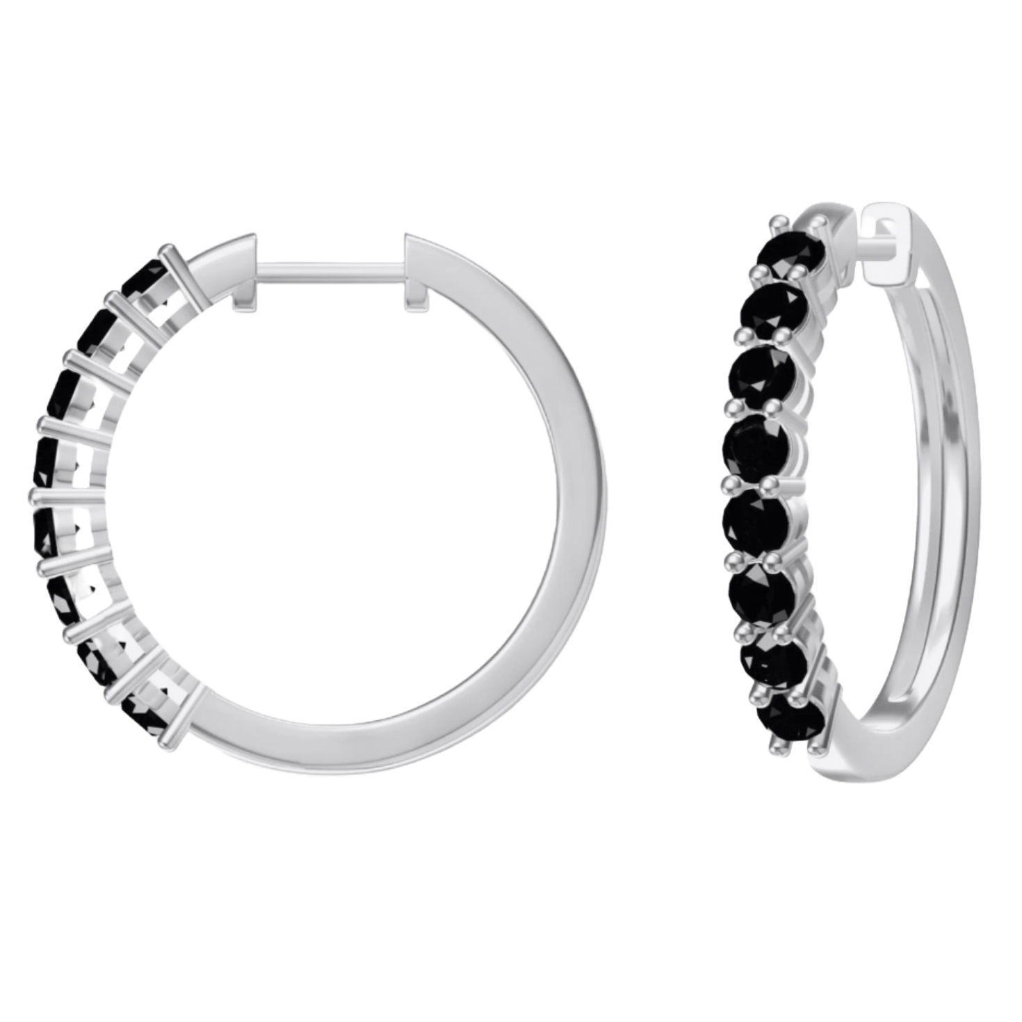 Silver hoop earrings feature black gemstones lined along the front half of the hoops, with a hinged latch closure. The design combines a sleek metal finish with contrasting dark stones for a bold, stylish look.