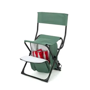 Green folding chair with an integrated cooler containing six red cans.