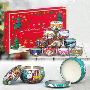 A set of 12 decorative tin candles, each featuring festive Christmas-themed designs, including Santa and holiday scenes. The candles come in a red box adorned with Christmas imagery, perfect for gifting.