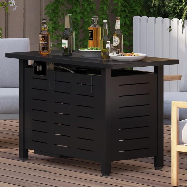 40\“ fire pit table with 50,000 BTU output, featuring a sleek black design with slatted sides. The tabletop holds drinks and snacks, making it suitable for outdoor use on decks or patios.
