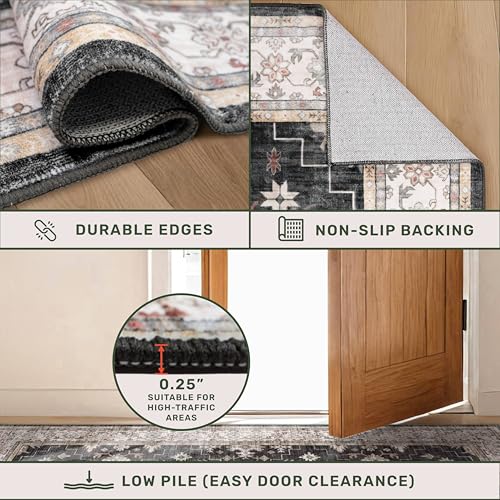 Rug with durable edges, non-slip backing, and a low pile height of 0.25 inches, suitable for high-traffic areas and easy door clearance.