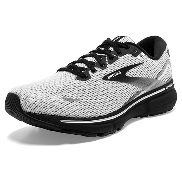 Brooks Men's Ghost 15 Shoes feature a lightweight mesh upper in white and black, with cushioning for comfort during running. The shoe has a lace-up design and a supportive sole for stability.