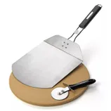 Pizza tool set with a metal pizza peel, a round pizza cutter, and a circular pizza stone, all featuring black handles.