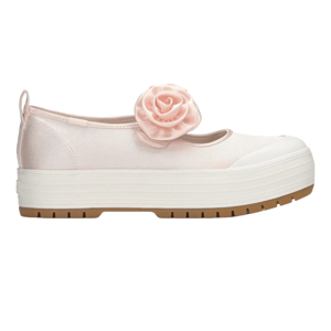 Pink satin Mary Jane shoe with a platform sole, gum outsole, and a decorative pink rose embellishment on the strap.