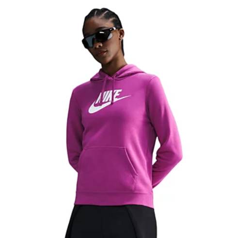 A magenta Nike hoodie featuring a white logo on the chest. The hoodie has a drawstring, front pocket, and is paired with black pants, worn by a person with sunglasses.