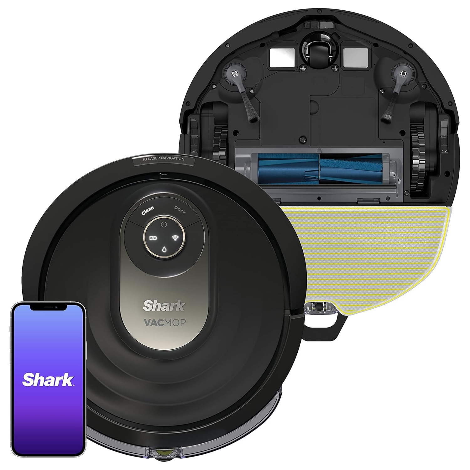 Shark Robot VacMop combines vacuuming and mopping. It features AI laser navigation for precise cleaning and app connectivity for remote control, shown alongside its underside with brushes and mop attachment.