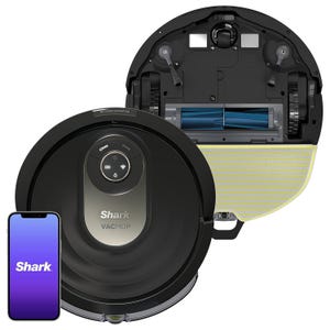 Shark Robot VacMop combines vacuuming and mopping. It features AI laser navigation for precise cleaning and app connectivity for remote control, shown alongside its underside with brushes and mop attachment.