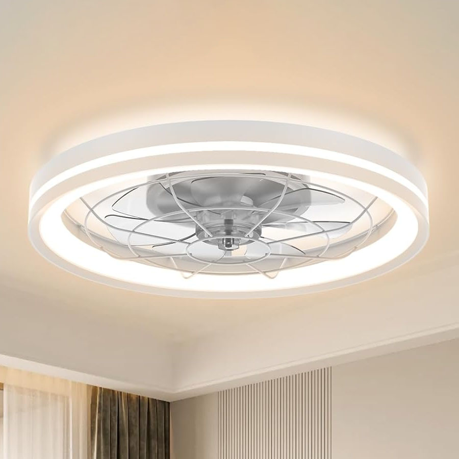A modern flush-mount ceiling fan with a circular LED light, enclosed in a sleek metal frame, combining functionality with contemporary style.