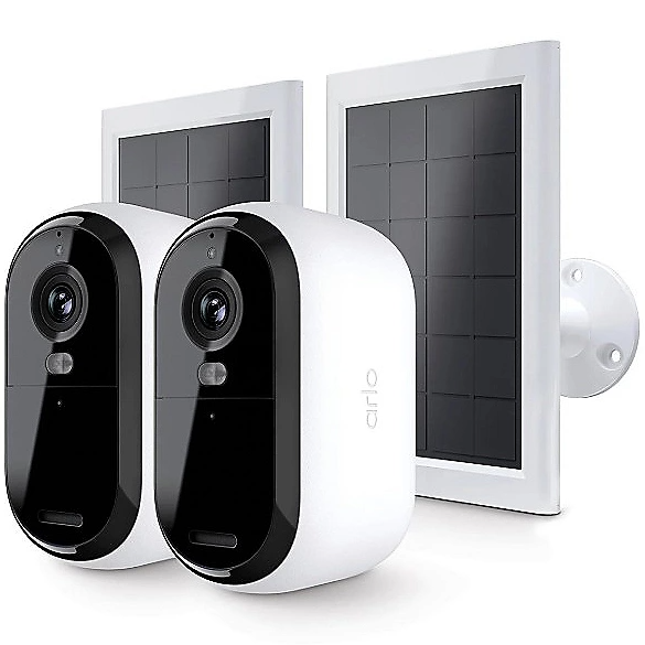 Two security cameras with companion solar panels for sustainable outdoor surveillance.