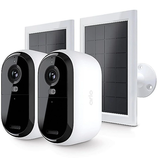 Two security cameras with companion solar panels for sustainable outdoor surveillance.